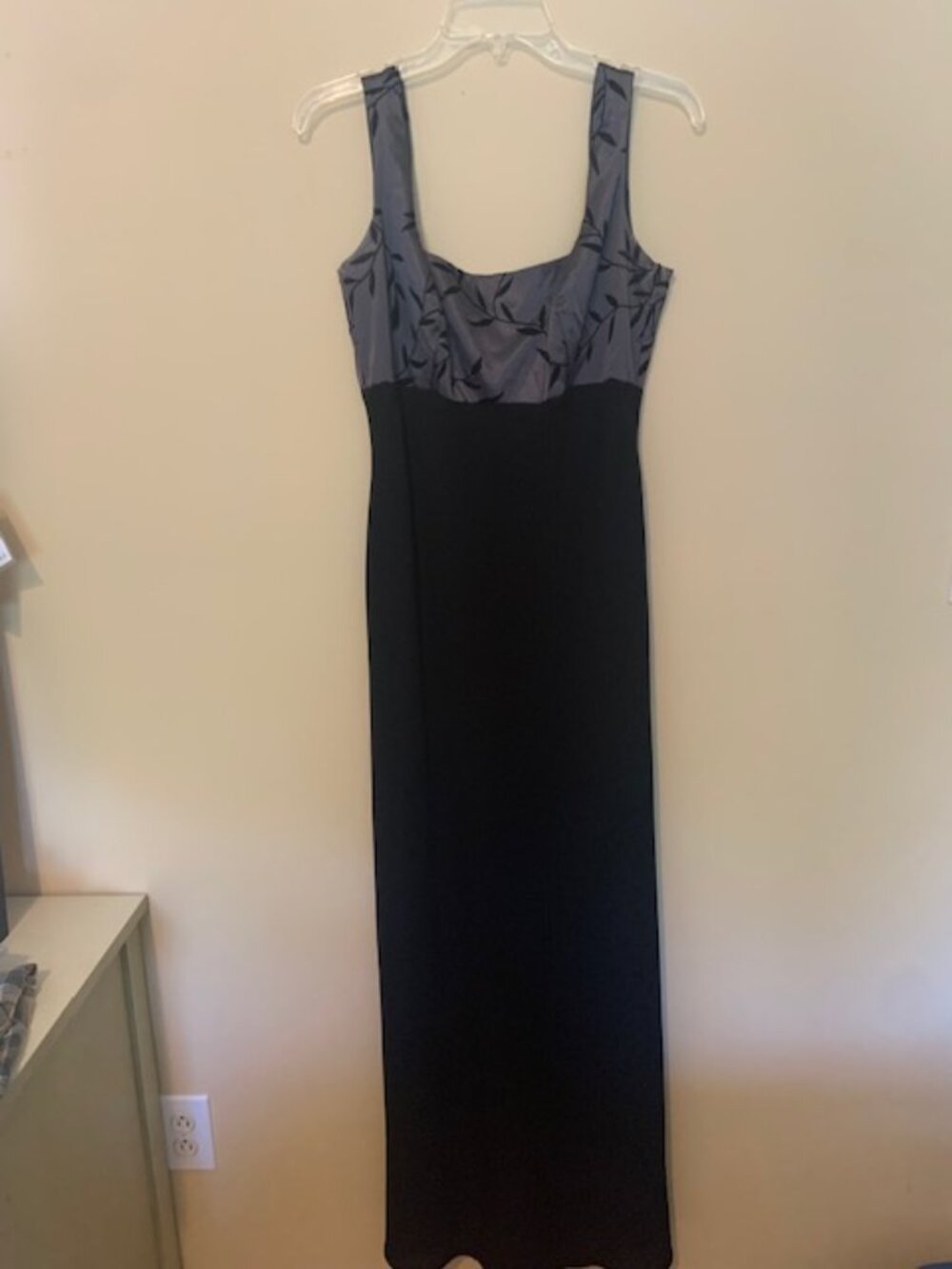CDC Evening black formal dress floor length, Silver Satin top, size 8